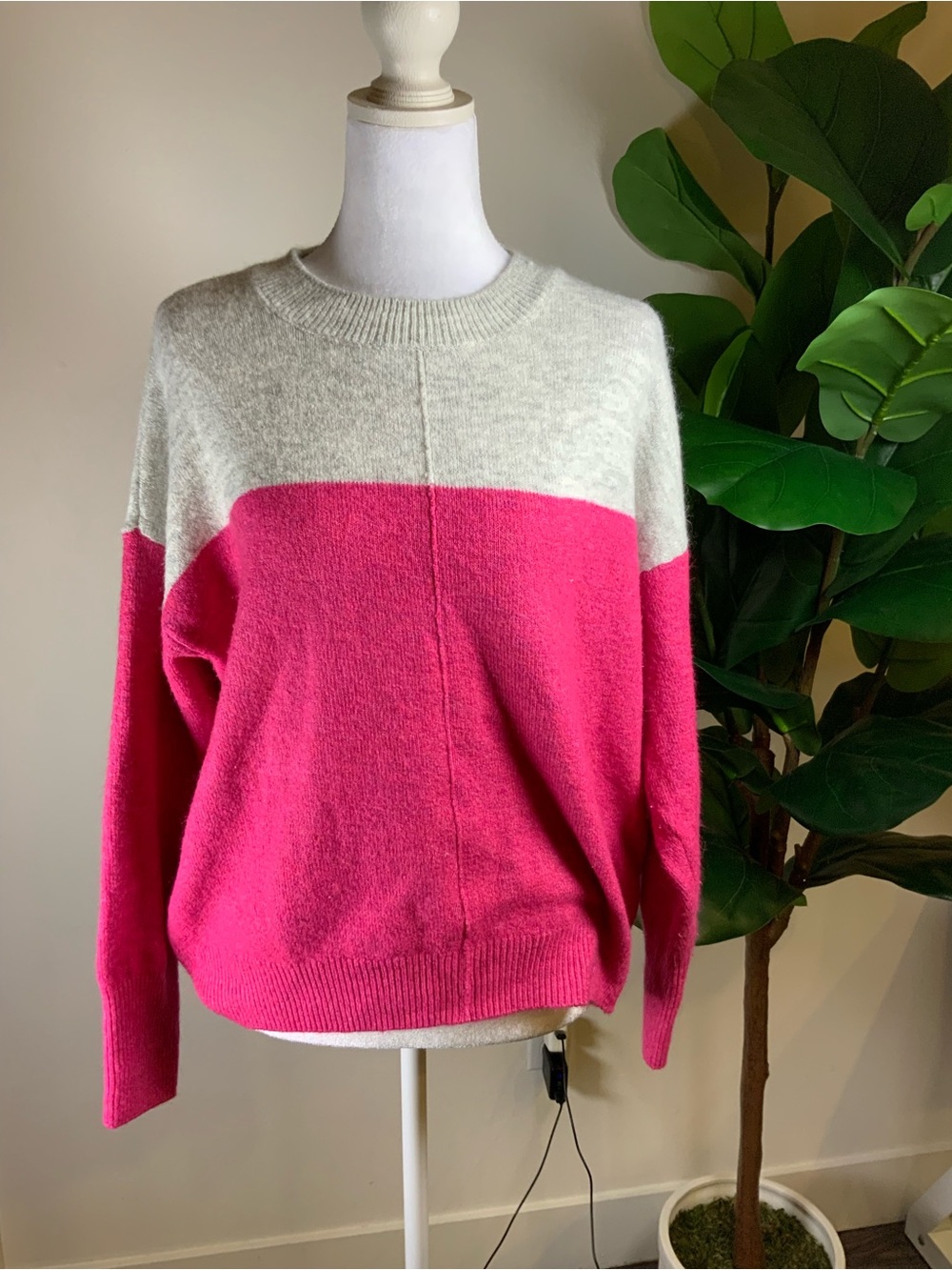 Vince Camuto Pink and Cream Colorblock Crewneck Sweater